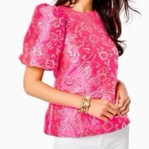 Lilly Pulitzer Pratt Top - S, Pink Gold Brocade, Puff Sleeve, Holiday Party NWT